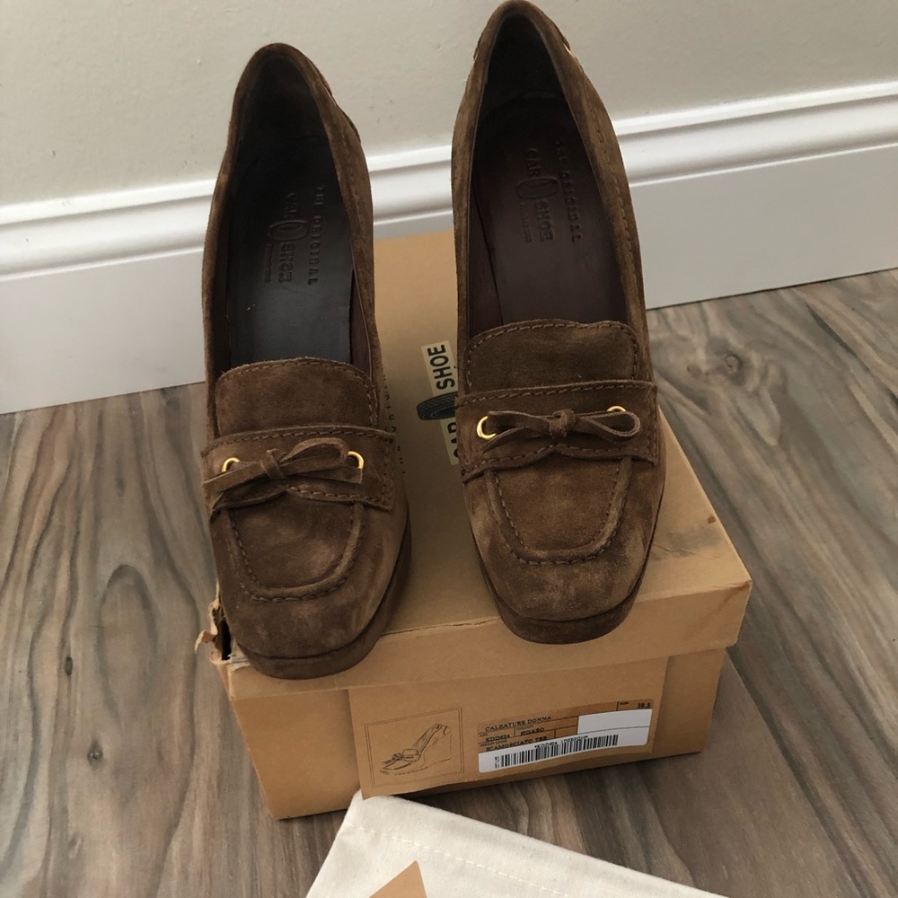 The Original Car Shoe Brown Sueded Wedge Heels